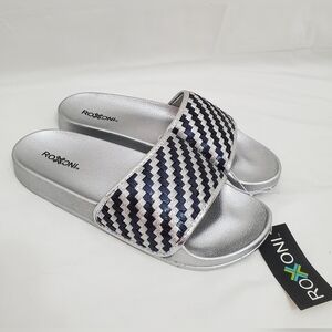 Roxoni Blue Silver Women's Slide Sandal with Woven Designed Strap #3113
